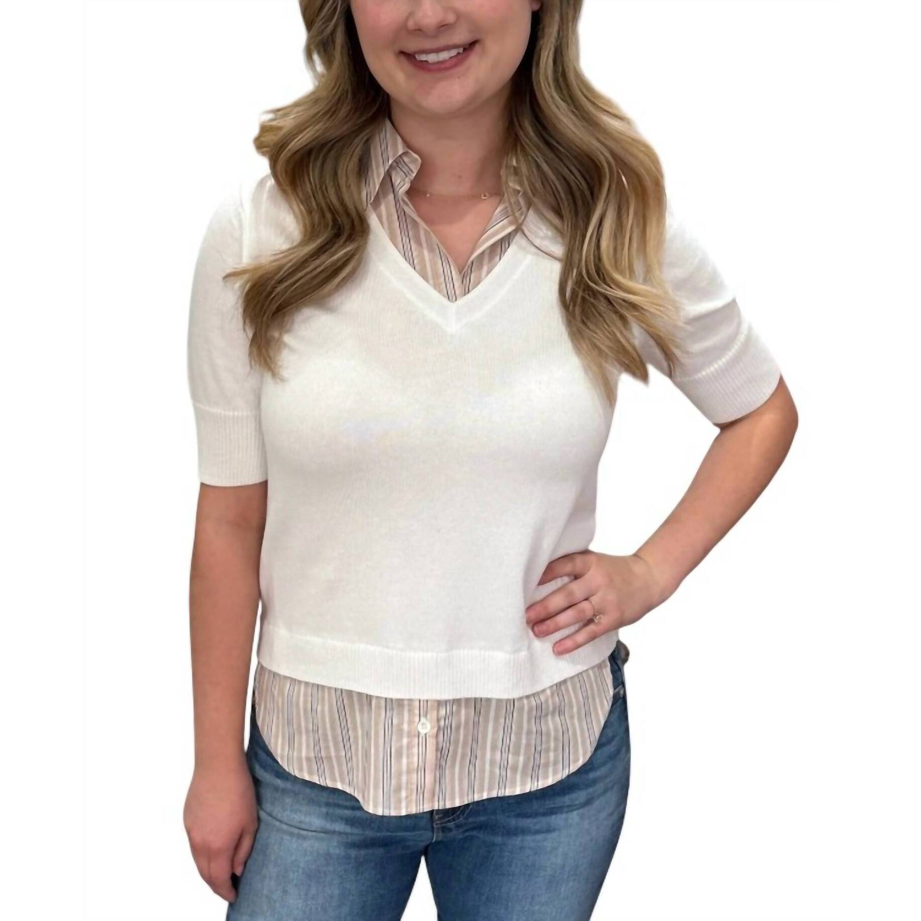 New J. Society Short Sleeved Twofer Blouse In White Multi